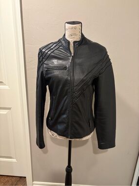 Women's Black Leather Moto Jacket with Diagonal Stitch Detailing
